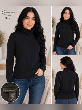 Context Women’s Black Thick Stretch Turtleneck Long Sleeve Top L Cottagecore/L